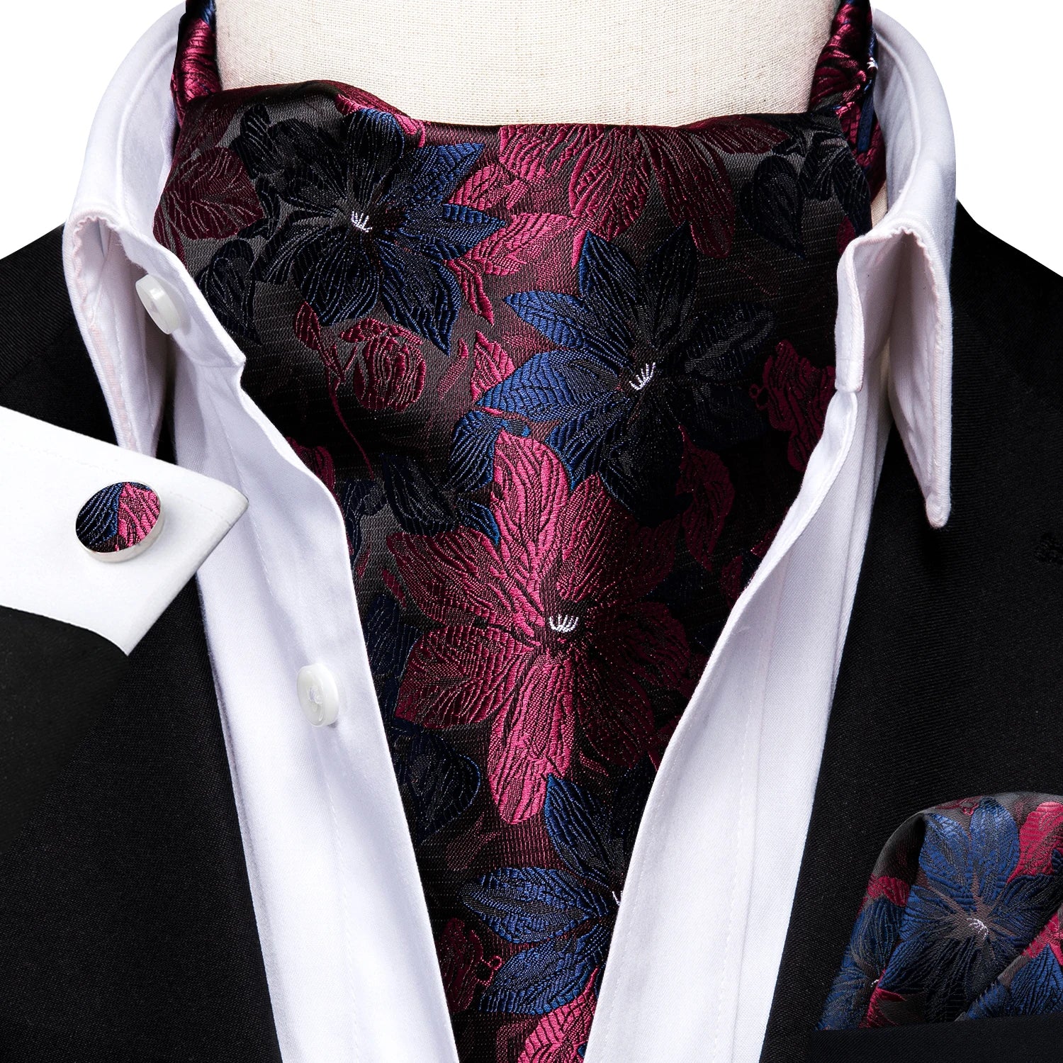Hi-Tie Mens Ascot Black Pink Blue Red Gold Green Purple White Cravat Tie Hanky Cufflinks for Male Wedding Business Prom