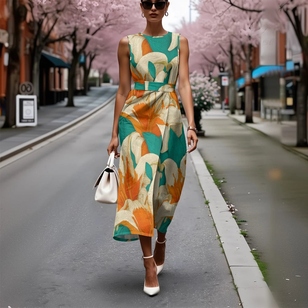 Elegant Floral Dress for Women Breathable A-Line Sleeveless Dress Chic Blue & White with Pink Blooms Office To Vacation Dress