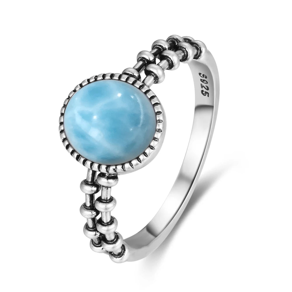 Vintage 925 Silver Ring Natural Larimar Stone Ring Round Flower Shape Sky Blue Summer Ring Fine Jewelry Gift for Men Women