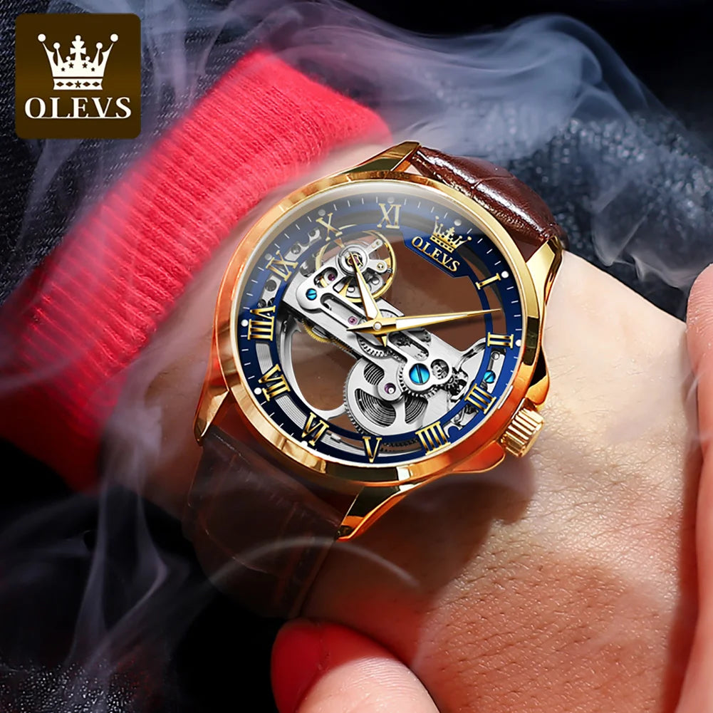 OLEVS 6661 Top Brand Men's Watches Fashion Hollow Flywheel Automatic Mechanical Wristwatch Waterproof Luminous Leather Strap