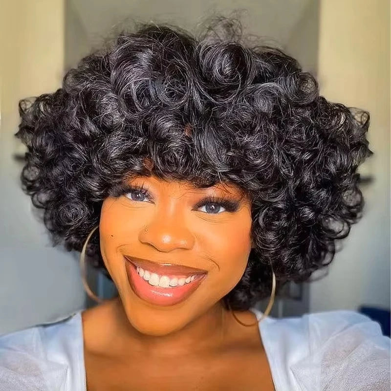 250% Bouncy Curly Bob Human Hair Wigs Loose Bouncy Rose Curly Wigs With Bangs Brazilian Remy Hair Machine Made Wig for Women