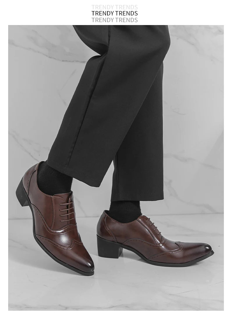 Men's High Heel Business Leather Shoes Mens Pointed Toe Dress Office Flats Men Fashion Wedding Party Oxfords Plus Size 38-46
