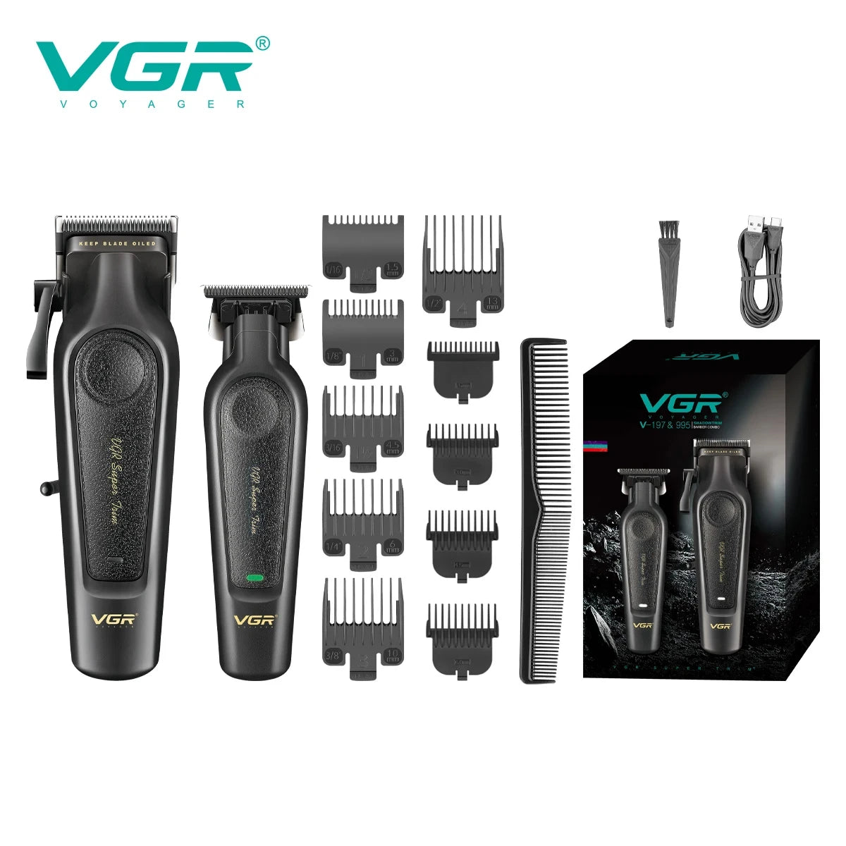 VGR V-197&995 high-end hair clipper two-piece set, metal leather body, electric push shear, LED digital display, oil head carvin