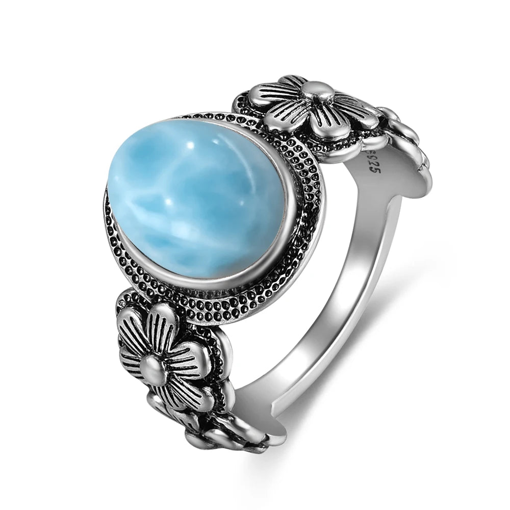 Vintage 925 Silver Ring Natural Larimar Stone Ring Round Flower Shape Sky Blue Summer Ring Fine Jewelry Gift for Men Women