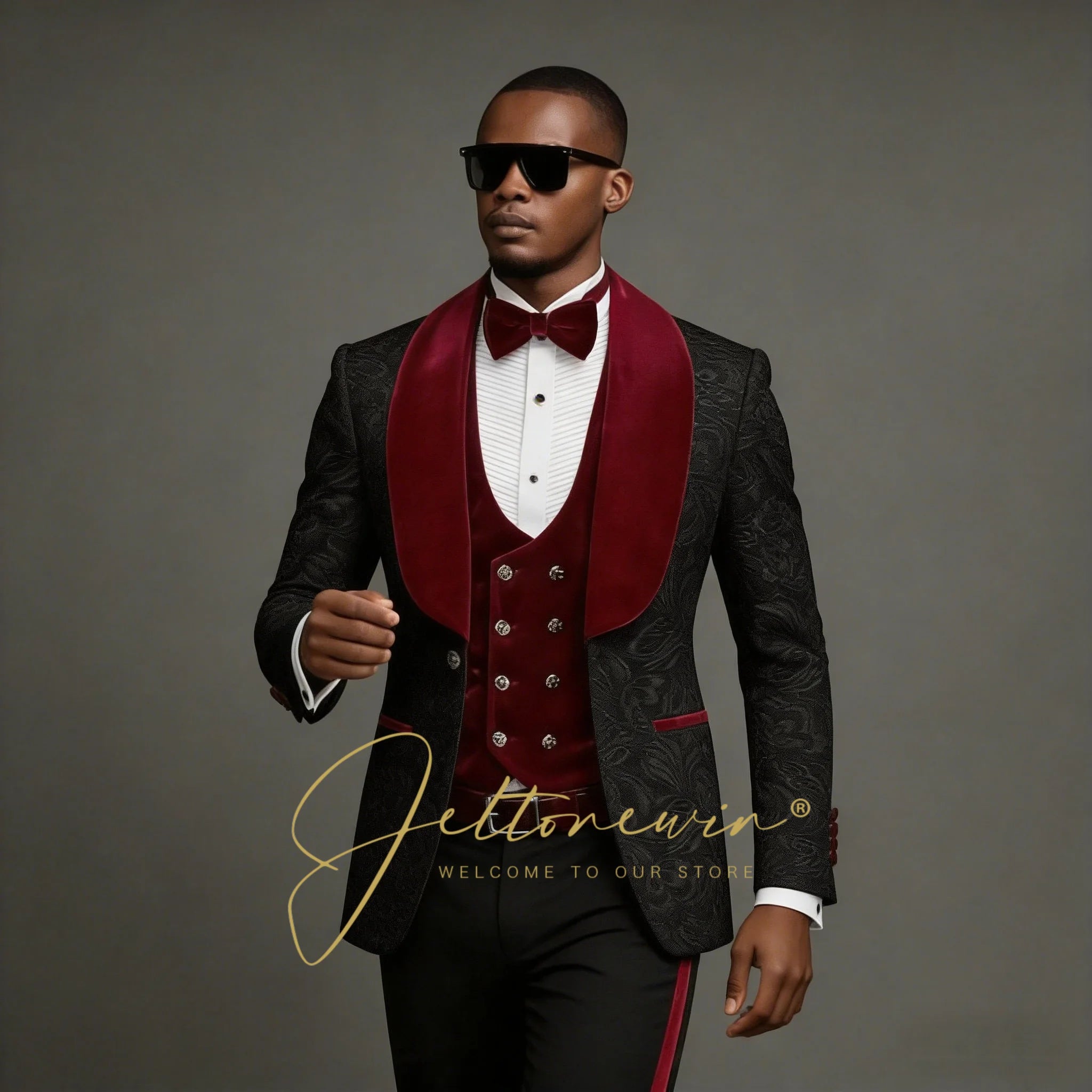 Fashion Designs Men Suits Groomsman Black Floral Jacket Burgundy Velvet Lapel Formal Groom Wear Wedding Party Dress Prom Tuxedos