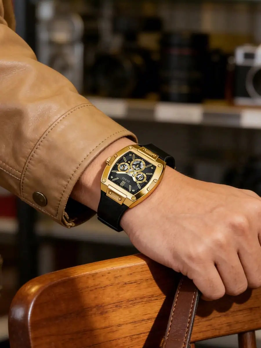 GUESS Watches for Men Original Luxury Gold Tone Black Dial Tonneau Multifunction Quartz Chronograph Silicone Strap Wristwatch