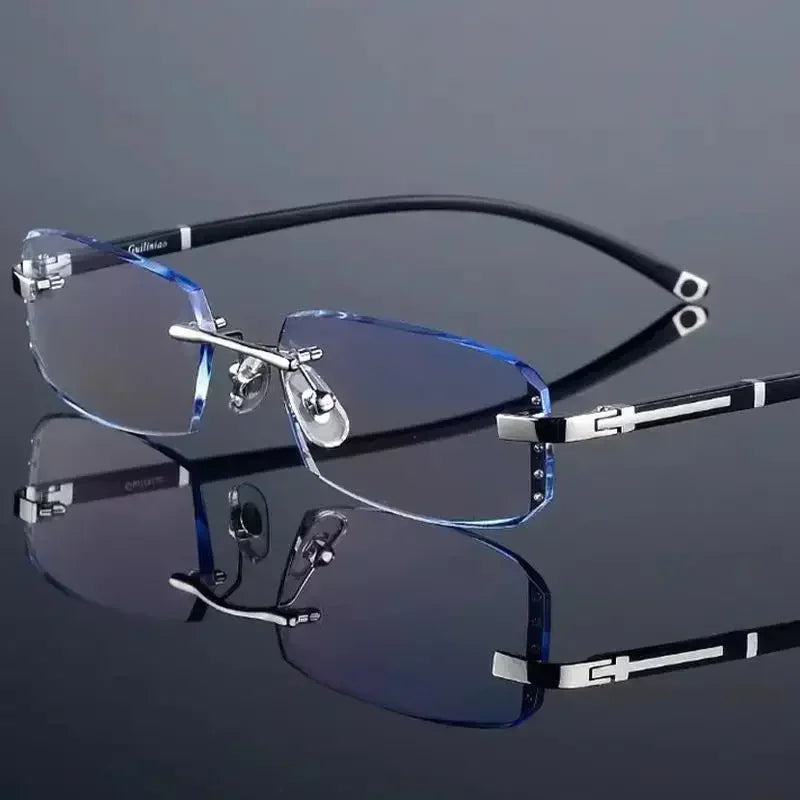 Myopia Glasses Frameless HD Optional Photochromic Glasses Anti Blue  Men's Anti Fatigue Clear Glasses