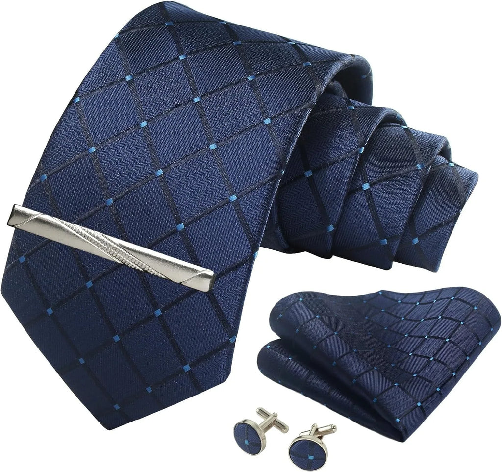 100% Silk Ties for Men Plaid & Checks Tie Clip Handkerchief Woven Classic Men's Necktie Pocket Square Set Formal Wedding Ties