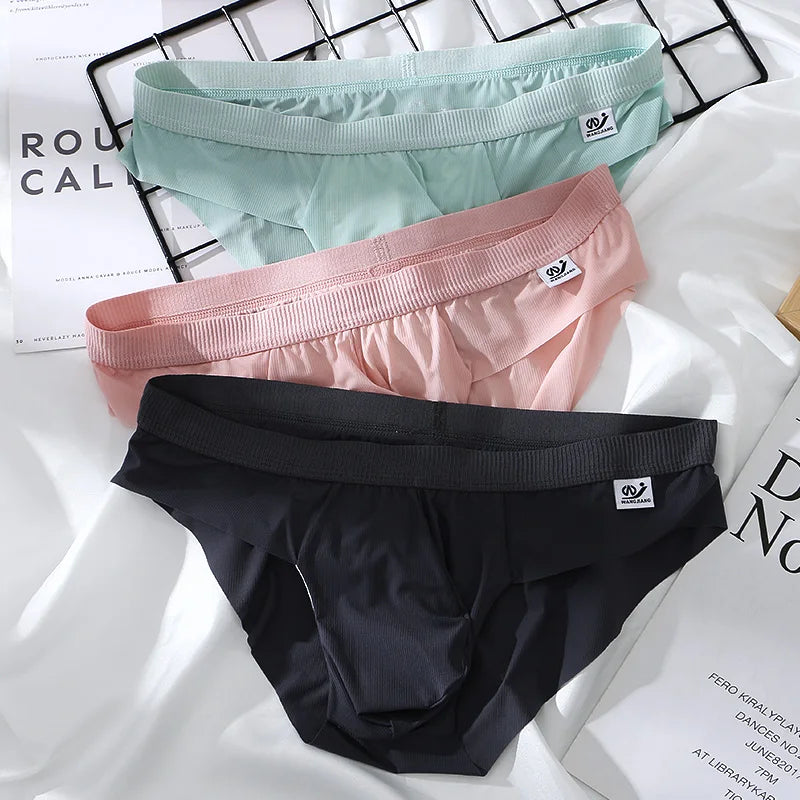 3Pieces/lot Breathable Low Waist Men's Ice Silk Briefs Seamless Shorts Sexy Underwear