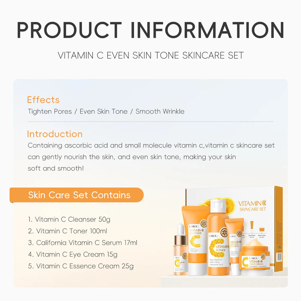 Facial Brightening Vitamin C Skincare 5pcs Set Essence Cream Serum Cleanser Toner Eye Moisturizer Care