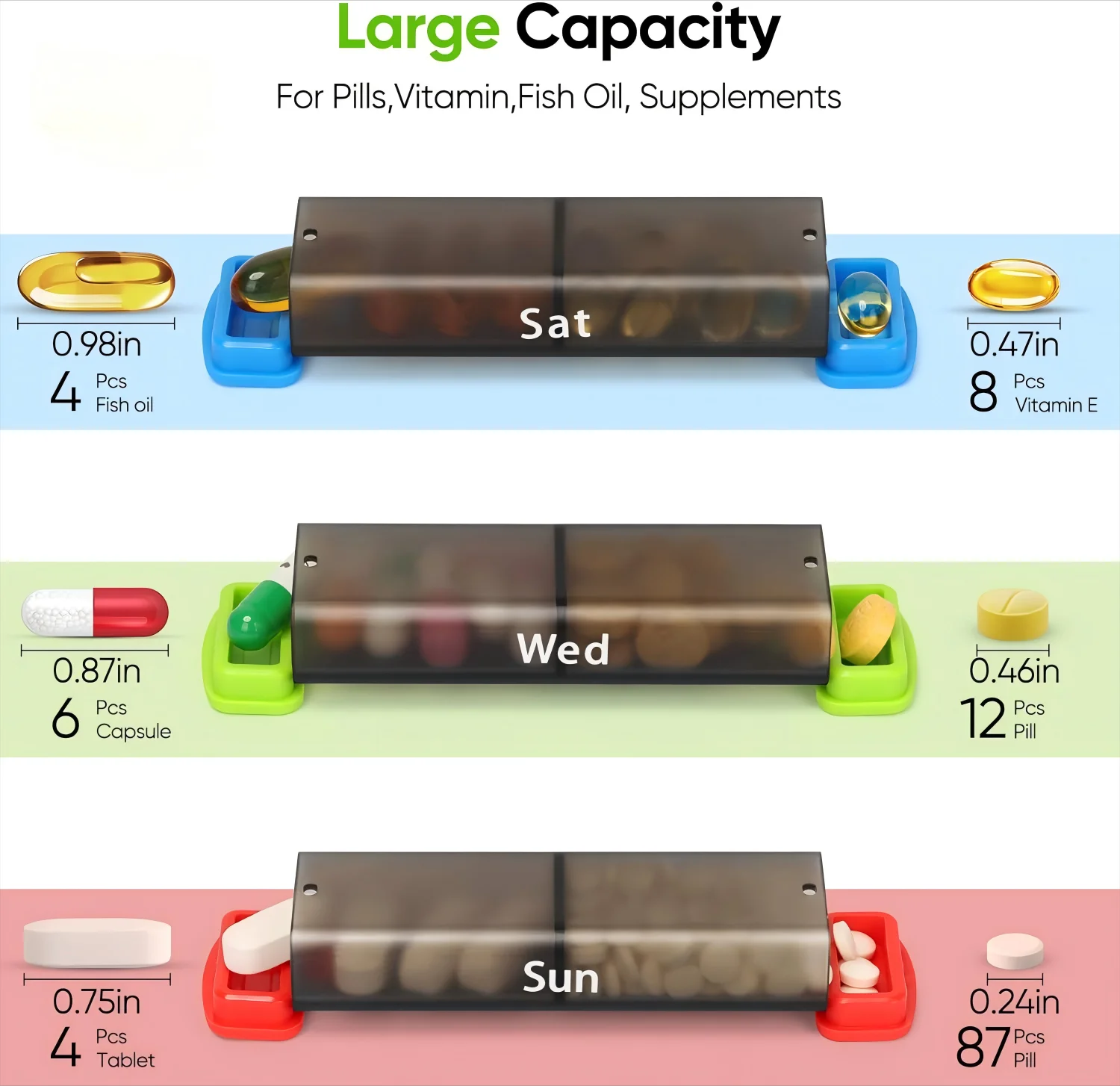 Medicine Box Weekly Pill Organizer Pill Box 7 Day with One-Side Large Openings for Easy to Use Case for Medication Vitamins Fish