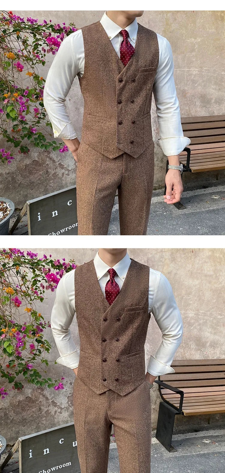 Vest Suit Men Groomsmen Clothes British Retro Tweed Vest Male Bridegroom Wedding Dress Brothers Outfit Waistcoat Pants Two Piece