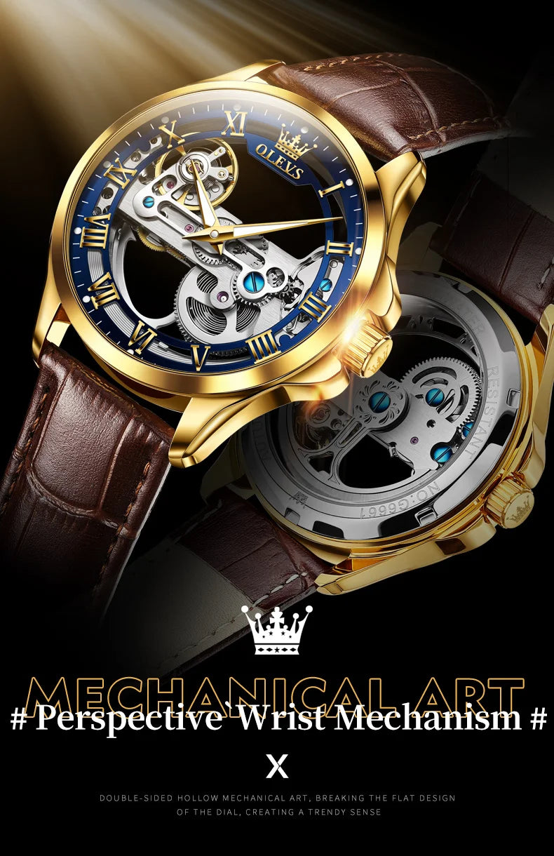 OLEVS 6661 Top Brand Men's Watches Fashion Hollow Flywheel Automatic Mechanical Wristwatch Waterproof Luminous Leather Strap
