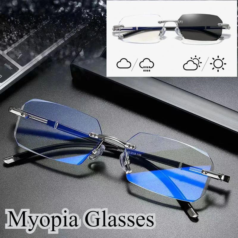 Myopia Glasses Frameless HD Optional Photochromic Glasses Anti Blue  Men's Anti Fatigue Clear Glasses