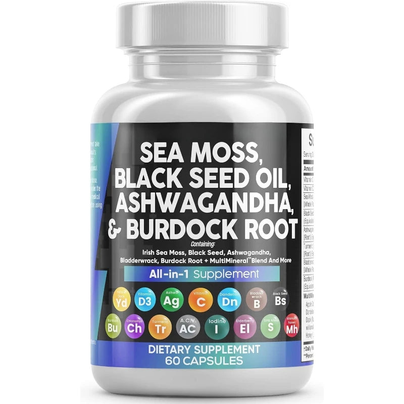 Sea Moss Capsules Contain Black Seed Turmeric & Vitamin D Plant-Based Daily Mineral  All in One Supplement 60 Count Per Bottle