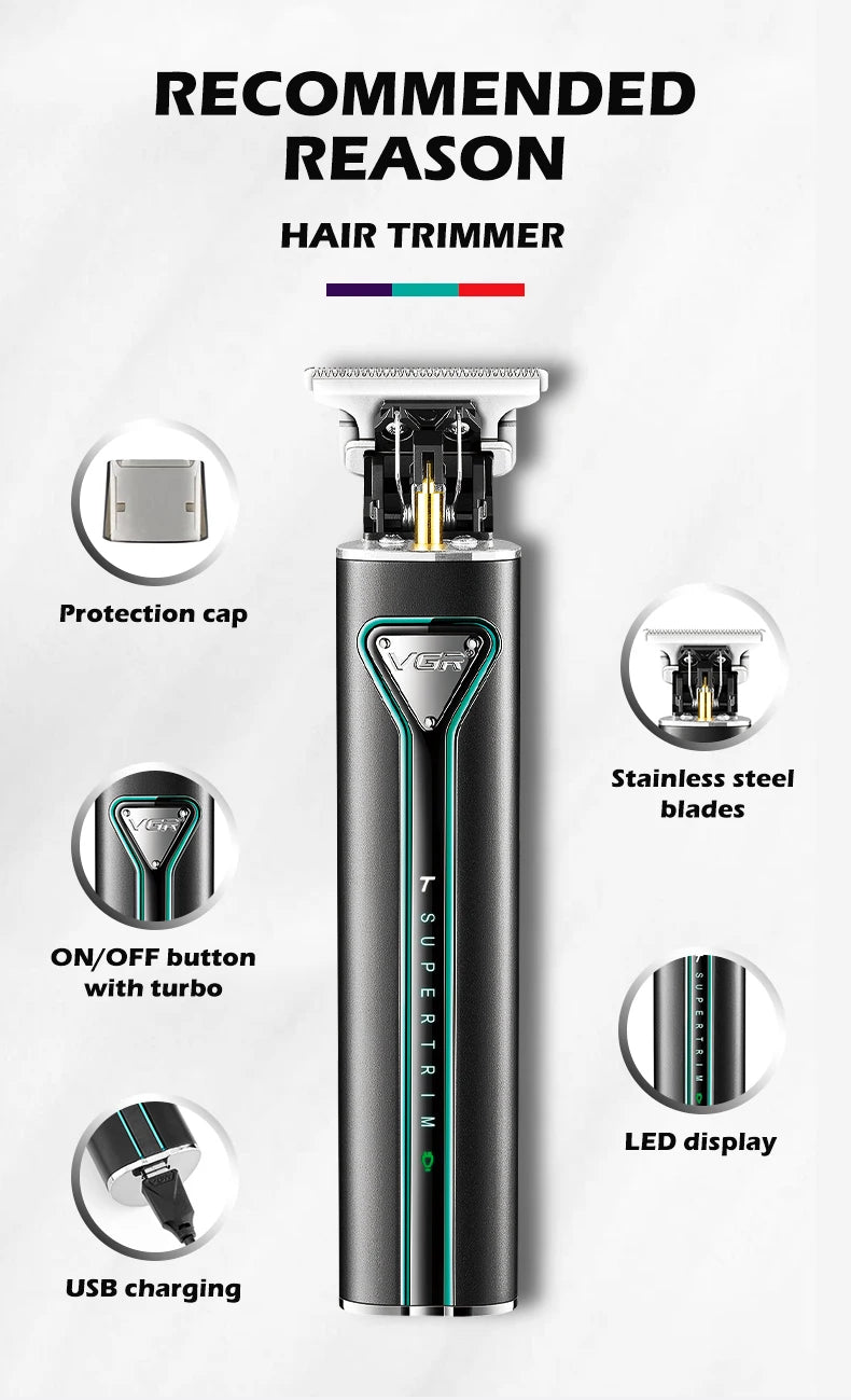 VGR Hair Clipper T9 Hair Trimmer Professional Hair Cutting Machine Metal Wireless Electric Rechargeable Clippers for Men V-009