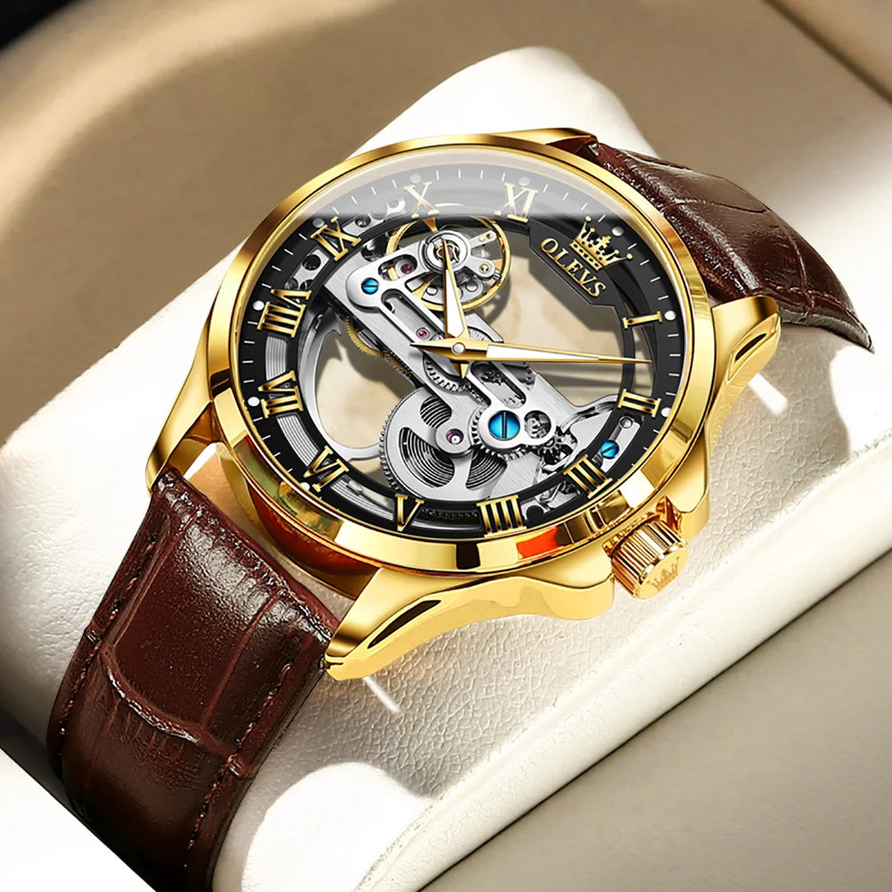 OLEVS 6661 Top Brand Men's Watches Fashion Hollow Flywheel Automatic Mechanical Wristwatch Waterproof Luminous Leather Strap