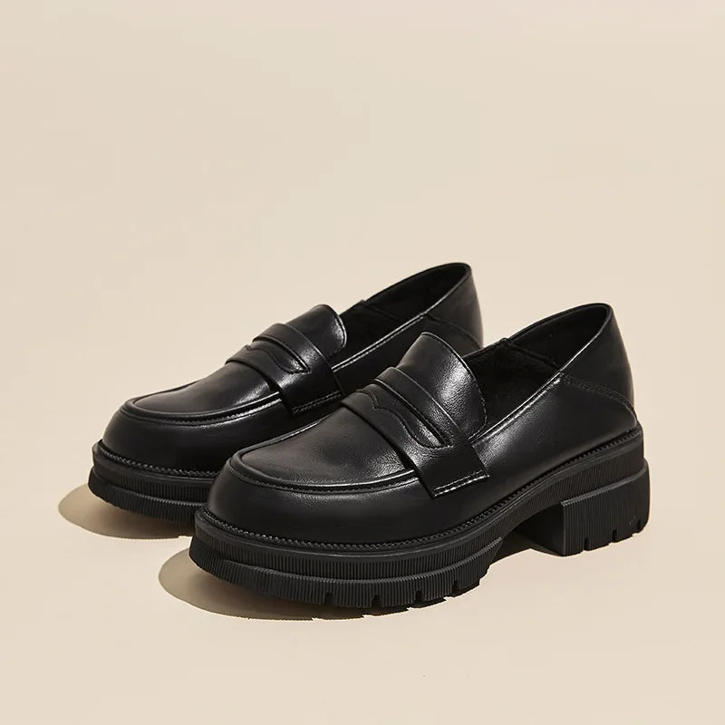 Leather shoes for women 2025 new style spring and autumn thick soled loafers British style retro single shoes for women