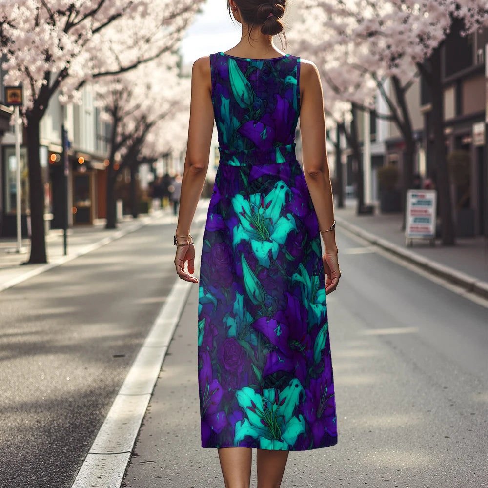 Elegant Floral Dress for Women Breathable A-Line Sleeveless Dress Chic Blue & White with Pink Blooms Office To Vacation Dress