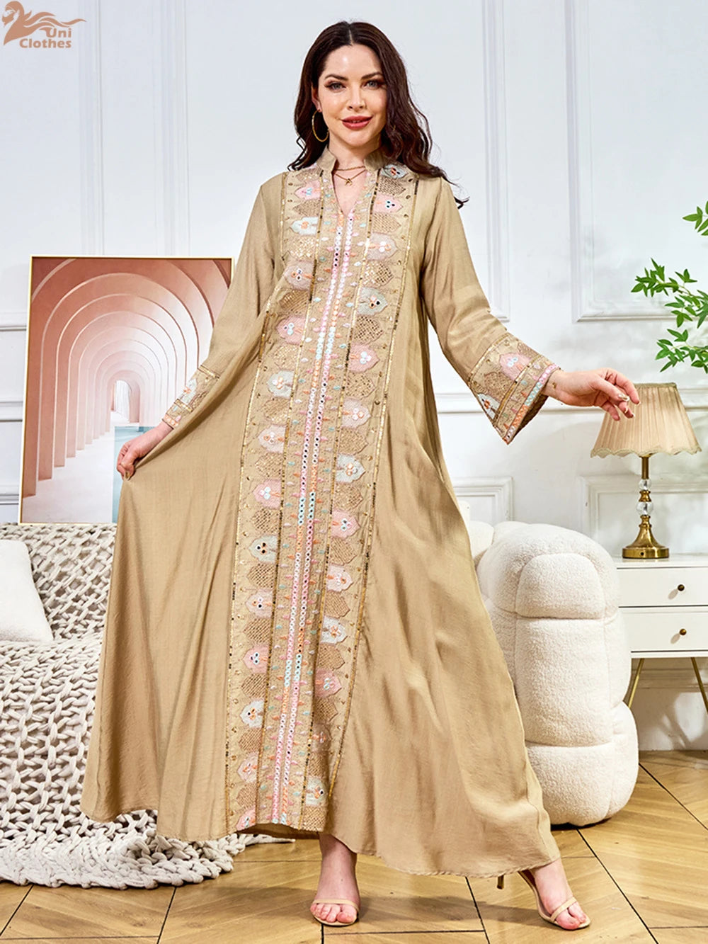 2025 Muslim Women Long Sleeve Kaftan Arabic Sequins Embroidered Party Evening Long Abaya Muslim Fashion Dresses Abaya Dubai