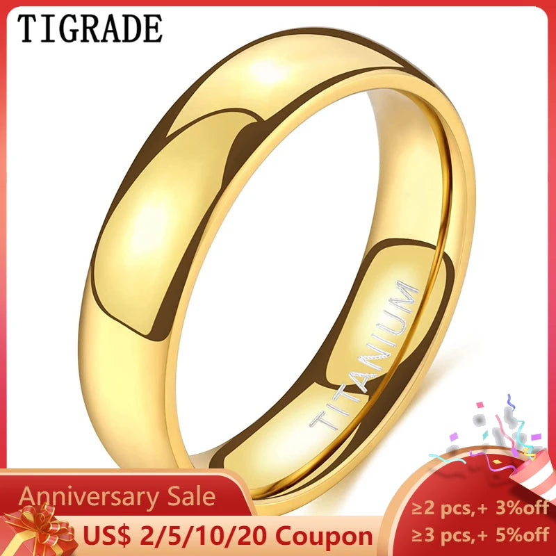 TIGRADE 2mm 4mm 6mm Titanium Ring Men Women 14K Gold Plated Dome High Polished Wedding Band Unisex Comfort Fit Size 3-13.5
