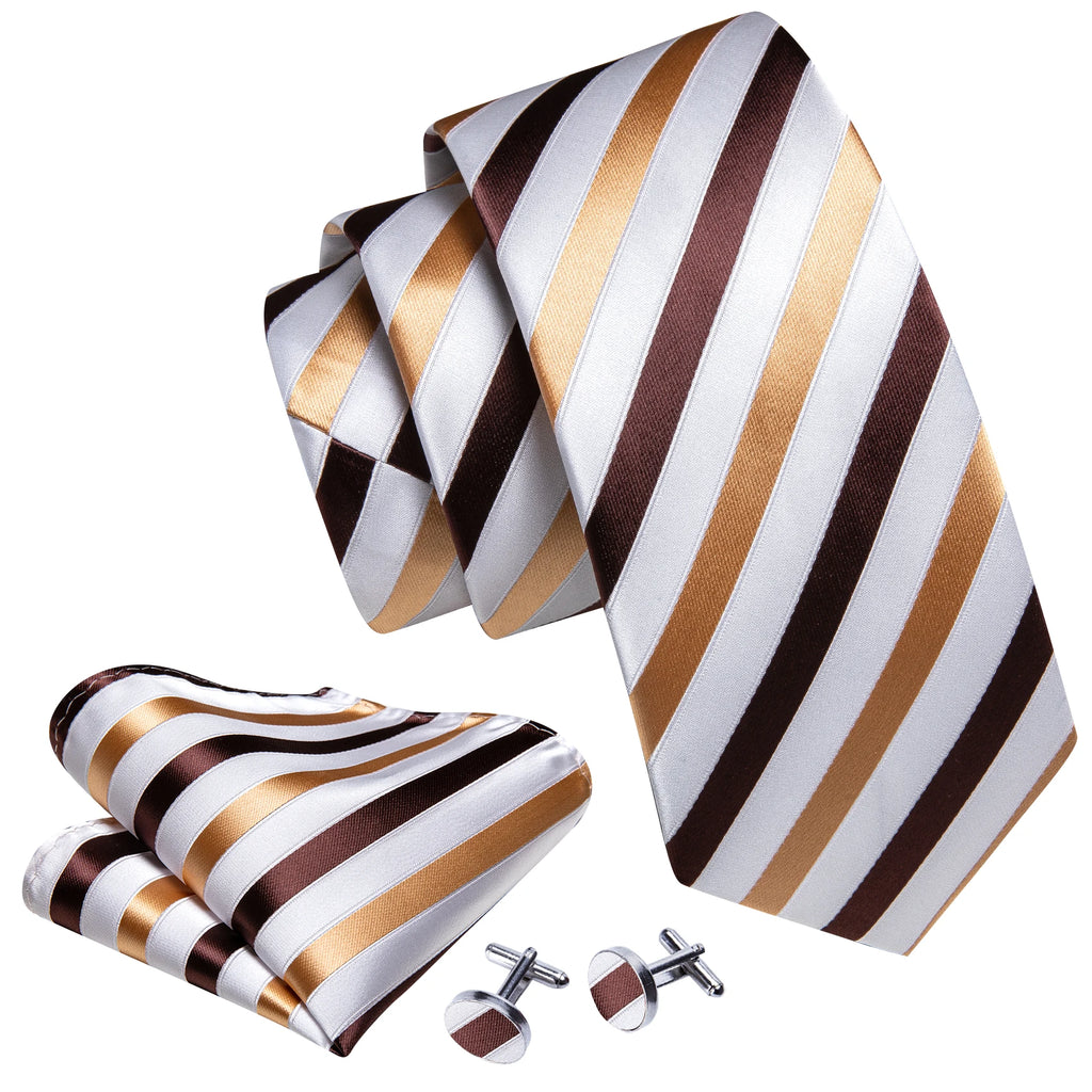 Fashion Khaki Striped Men Silk Necktie Fahsion Tie Handkerchief Cufflinks Sets Male Wedding Business Gift Barry.Wang Stylish