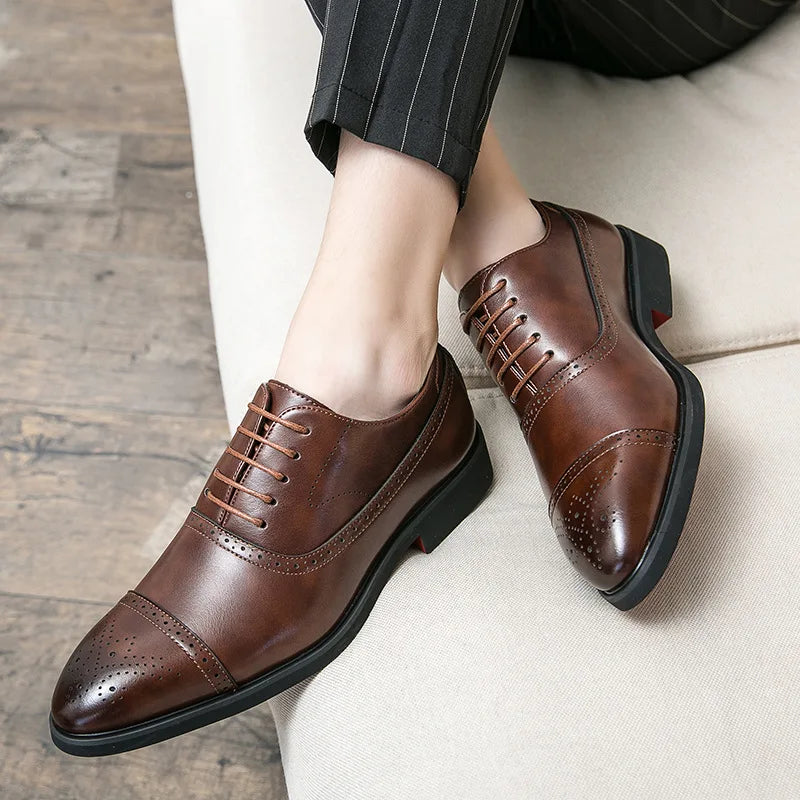Men's Dress Shoes Red Sole Leather Shoes Pointed Party Shoe Lace-up Office Oxfords Casual Wedding Shoe Retro Business Men Shoes