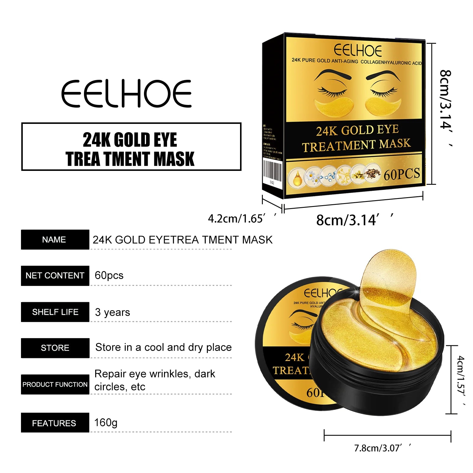 24K Gold Eye Mask Removal Eyes Bags Anti Dark Circles Eliminating Puffiness Moisturizing Firming Eye Skin Care Patches