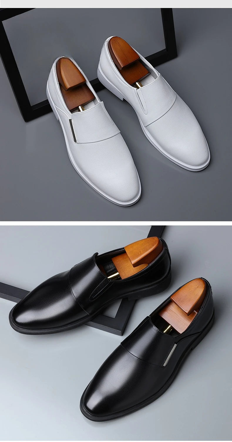 2025 New Men's Elevating Dress Shoes British Style Pointed-Toe Cowhide Leather Soft White Oxfords Formal Business Footwear
