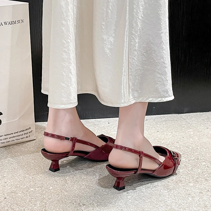2026 New Summer Women's Dress Shoes Patent Leather Slip on Pointed Toe Sandals Buckle Slingbacks Mid Heels Pumps Sandalias Mujer