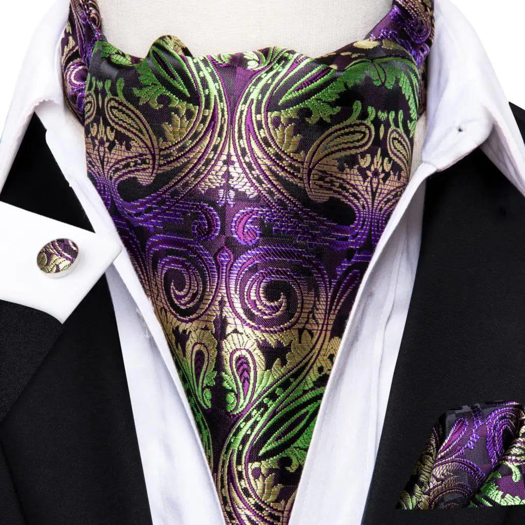 Hi-Tie Mens Ascot Black Pink Blue Red Gold Green Purple White Cravat Tie Hanky Cufflinks for Male Wedding Business Prom