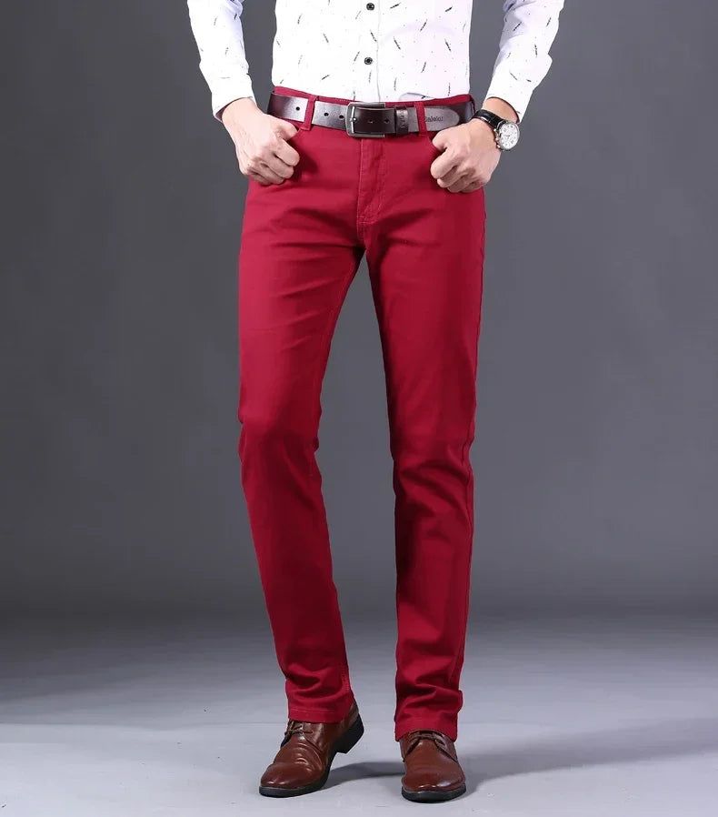 Men's Jeans Pure White Fashion Elastic Slim Youth Slimming Straight Leg Male Pants Business Casual Middle Age High End Trousers