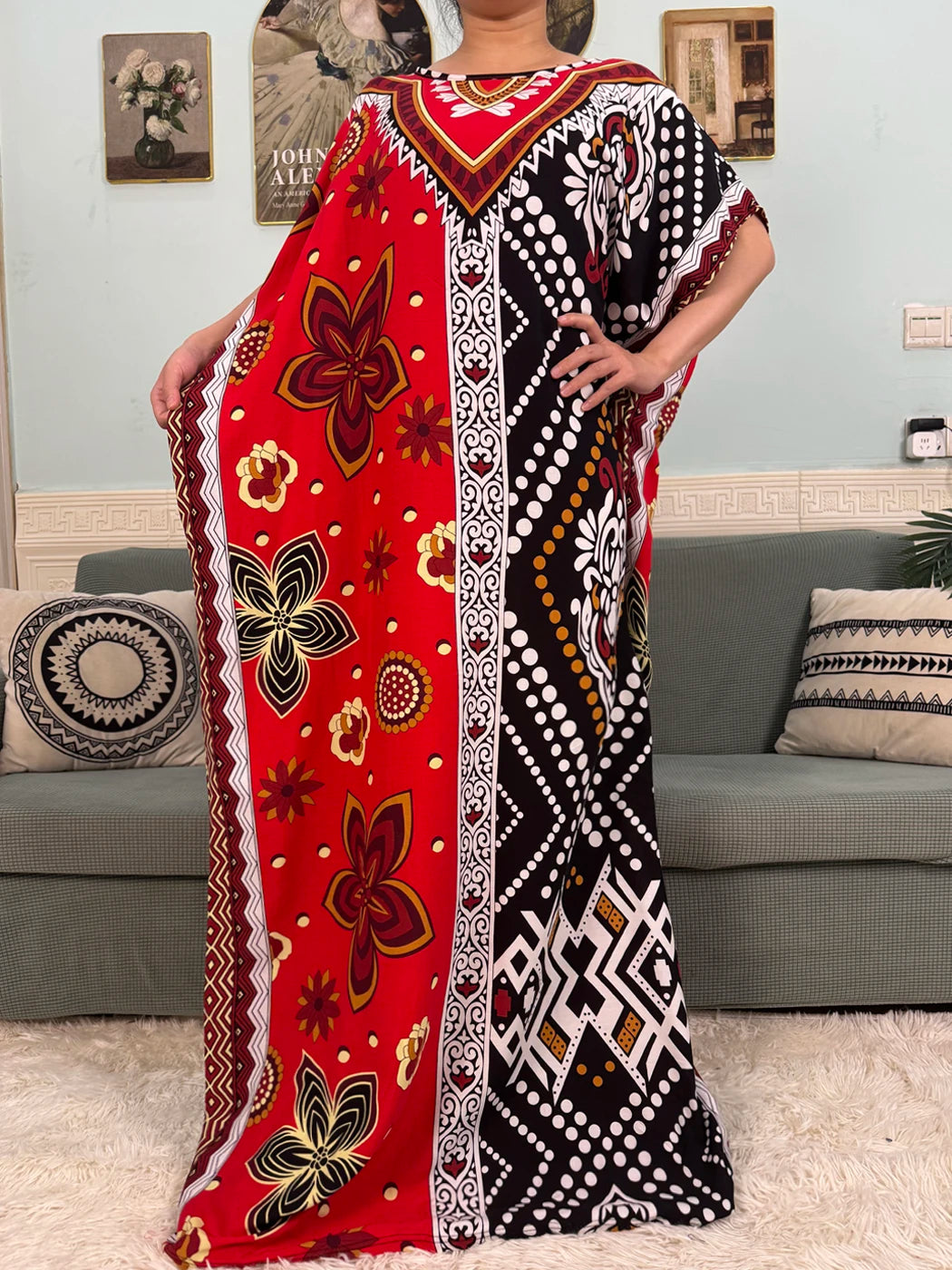Muslim Abayas For Women 2025 Cotton Floral Printed Loose Caftan Marocain Femme Robe Eid Islam African Dresses With Pocket Scarf