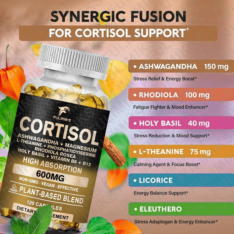 Cortisol Supplement, Hormone Balance, Magnesium, Ashwagandha, Rhodiola, L-Theanine, Vitamin B6 & B12, Mood, Focus, Sleep Support