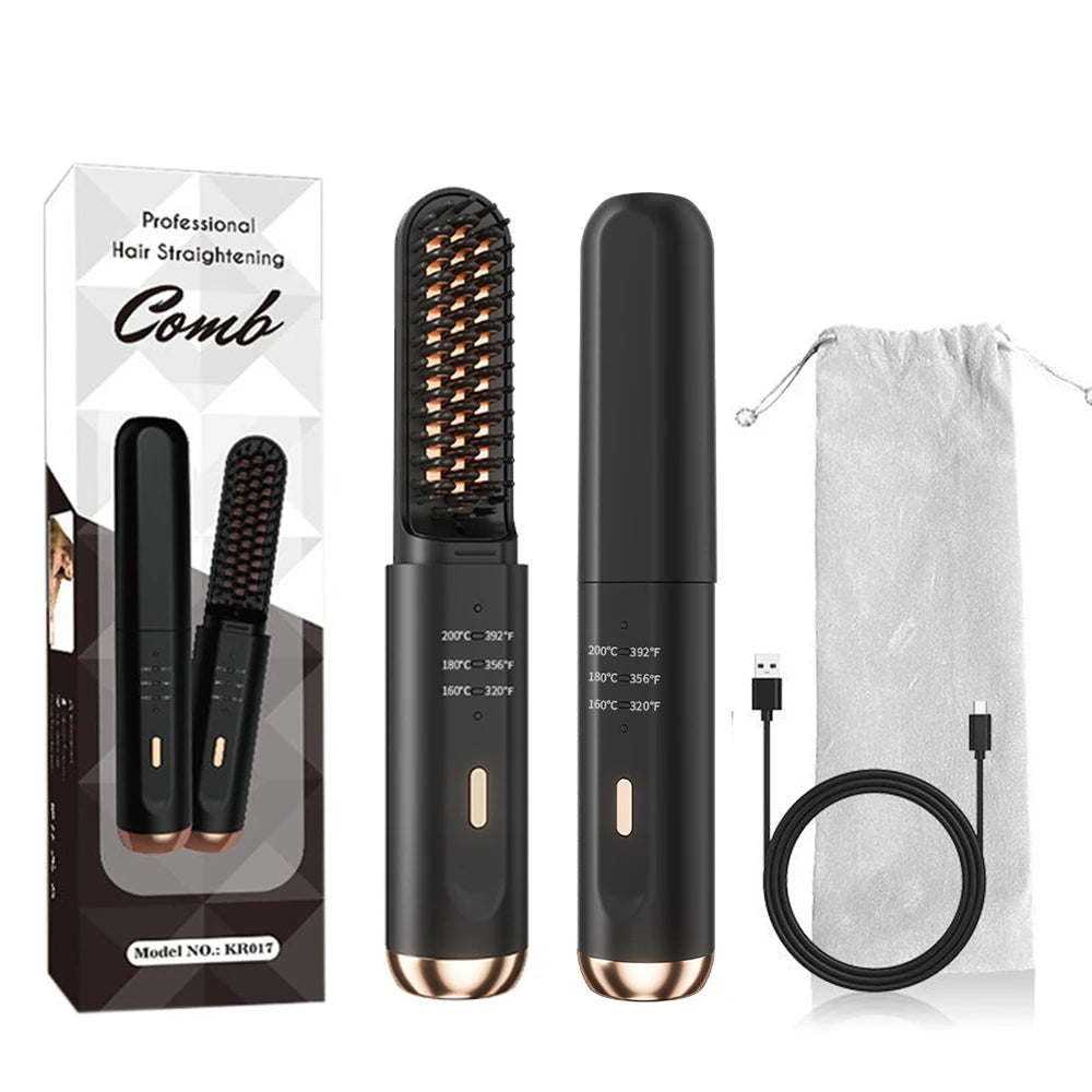 Cordless Beard Straightener for Men Portable Hair Straightener Brush Women Mini Electric Hair Brushes for Home Travel Hot Comb