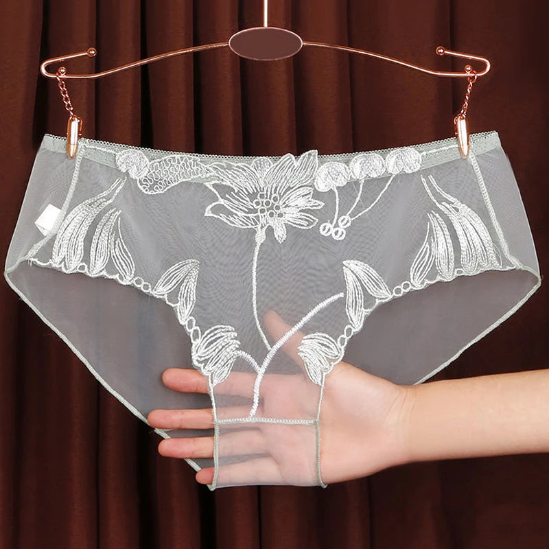 3PCS Solid Full Mesh Sexy Briefs Embroidered Floral Transparent Panties Plus Size Seamless Underwear Low Waist Erotic Lingerie