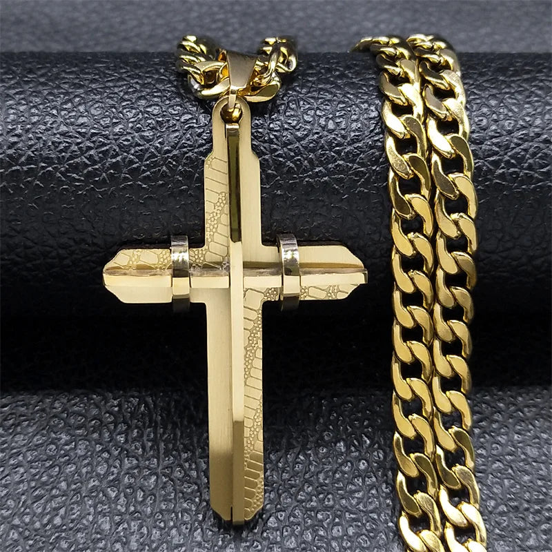 Men's Cross Male Crucifix Long Necklace for Women Stainless Steel Gold Plated Christian Long Necklaces Biker Jewelry N2341S03