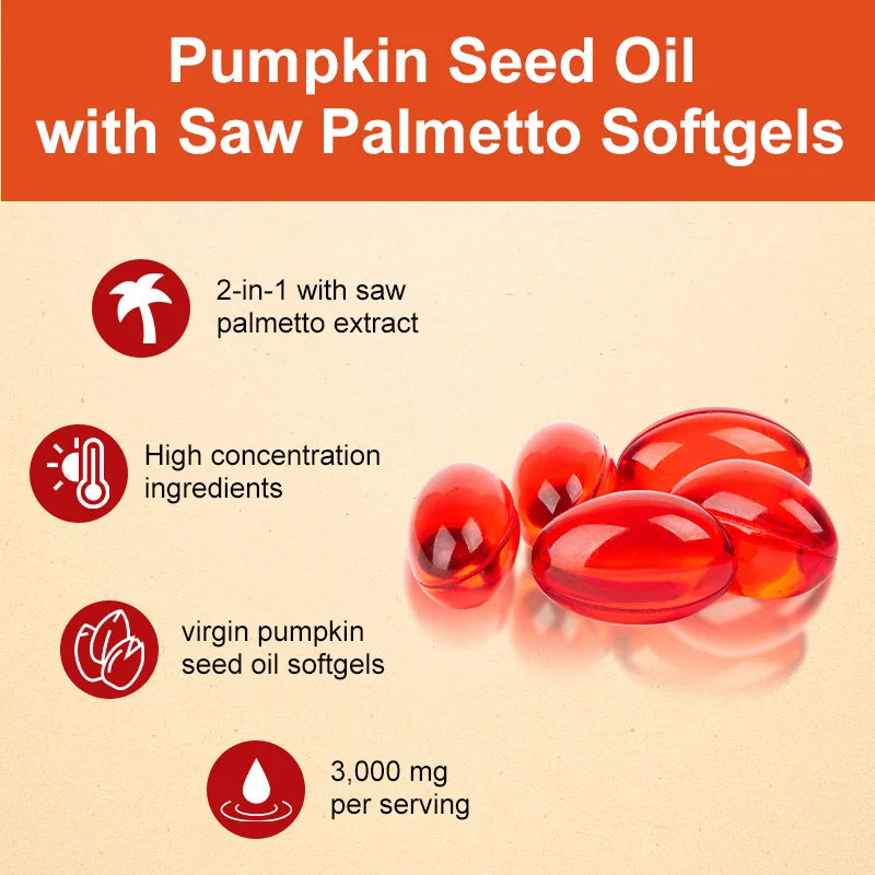 Pumpkin Seed Oil 3000mg with Saw Palmetto, Men’s Prostate, Urinary, Bladder & Hair Growth Support, Anti-Hair Loss, Non-GMO