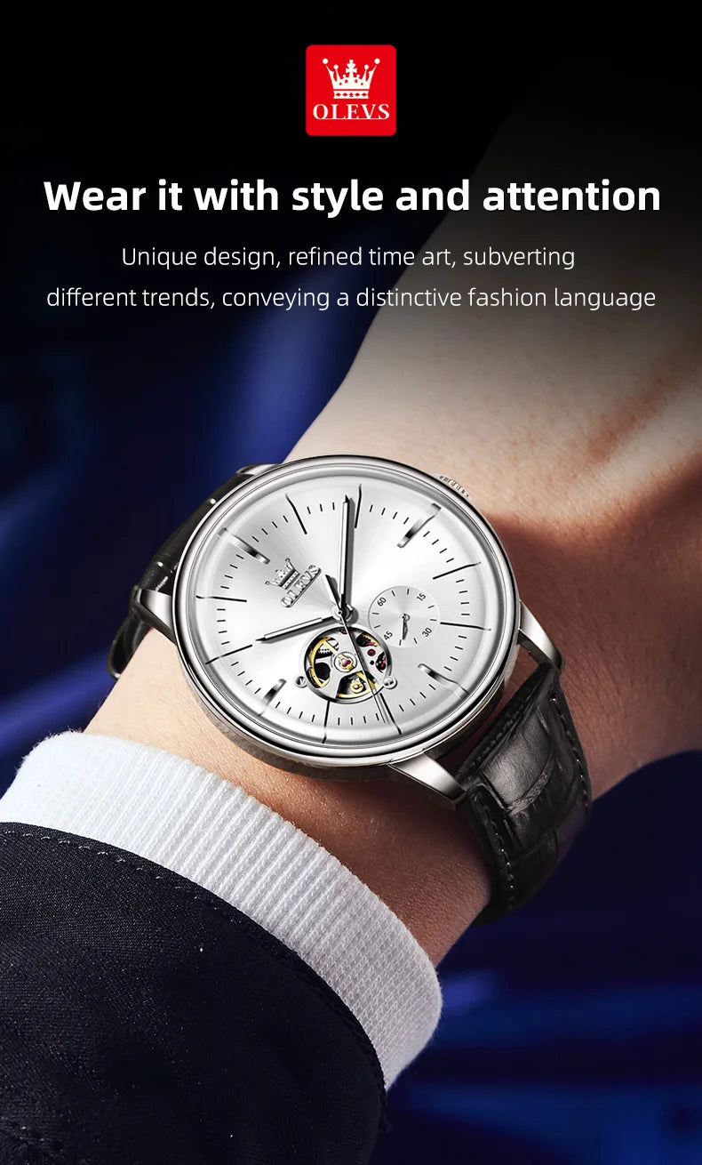 OLEVS 6708 Mechanical Watch for Men Fashion Arched Glass Automatic Men's Watches Hollow Simple Luxury Brand Original Man Watch