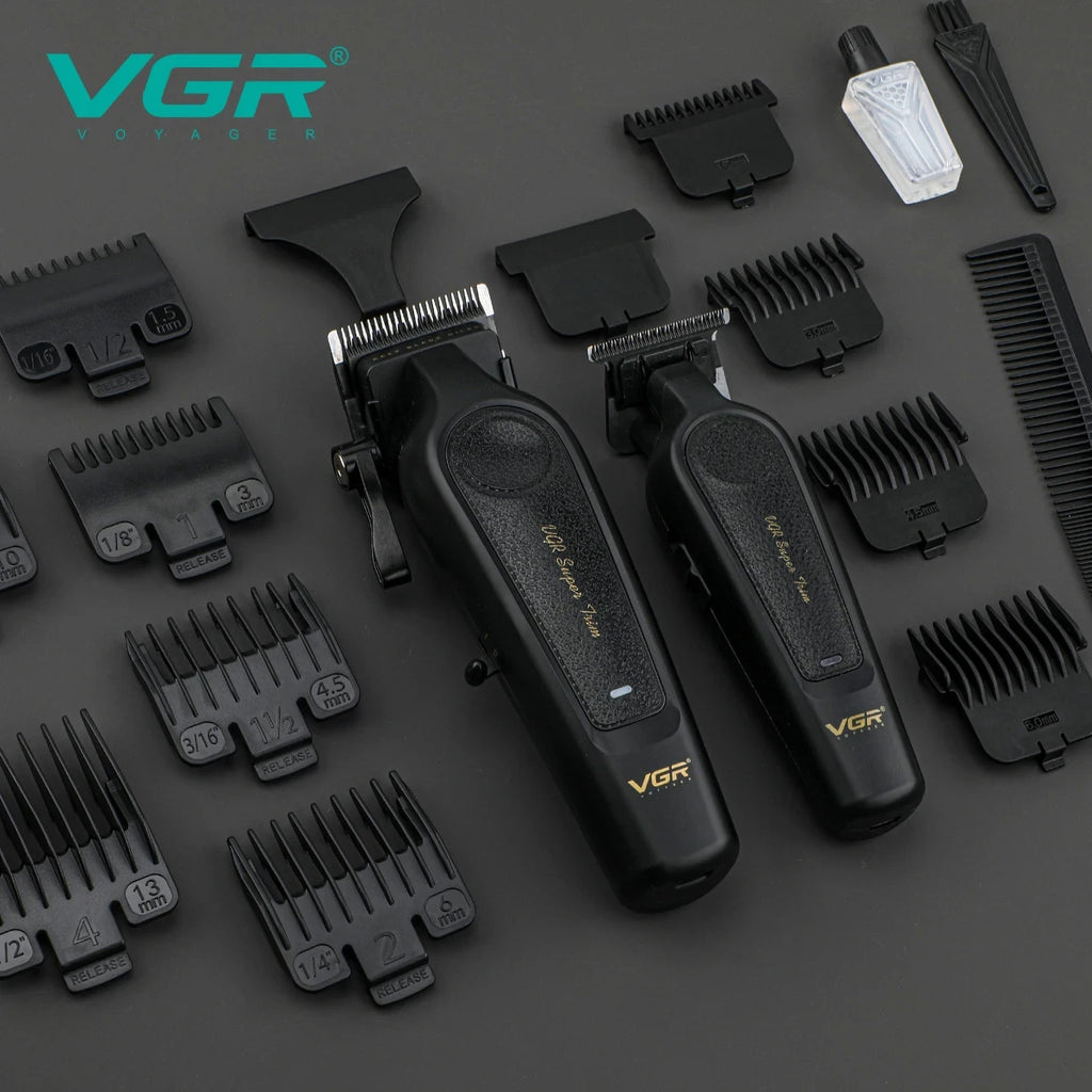 VGR V-197&995 high-end hair clipper two-piece set, metal leather body, electric push shear, LED digital display, oil head carvin