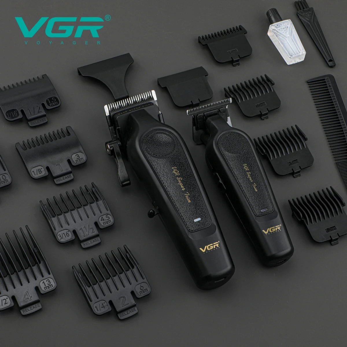 VGR V-197&995 high-end hair clipper two-piece set, metal leather body, electric push shear, LED digital display, oil head carvin
