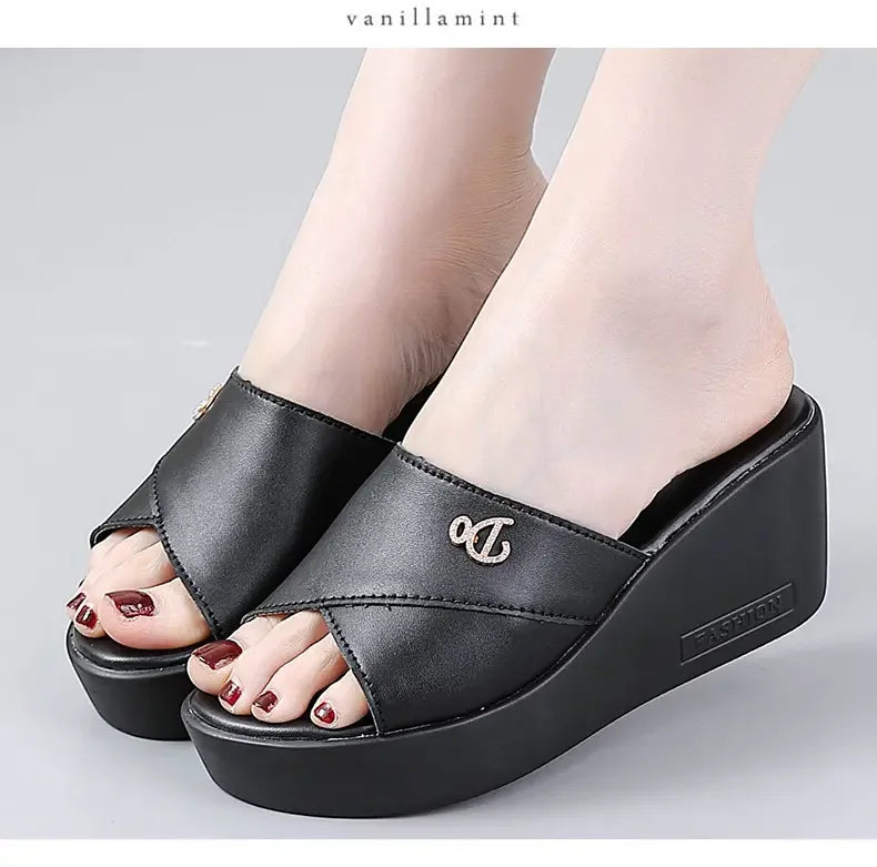 Women shoes Summer Fashion  leather Leisure shoes women platform wedges Fish Mouth Sandal Thick Bottom Slippers