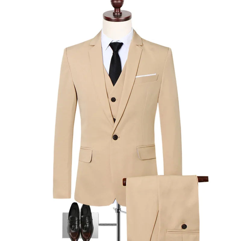 Suits Men Three Piece Suit Sets Turn Down Collar Full Sleeve Blazers Vest Long Pants Slim Fit Ensemble Wedding Evening Spring