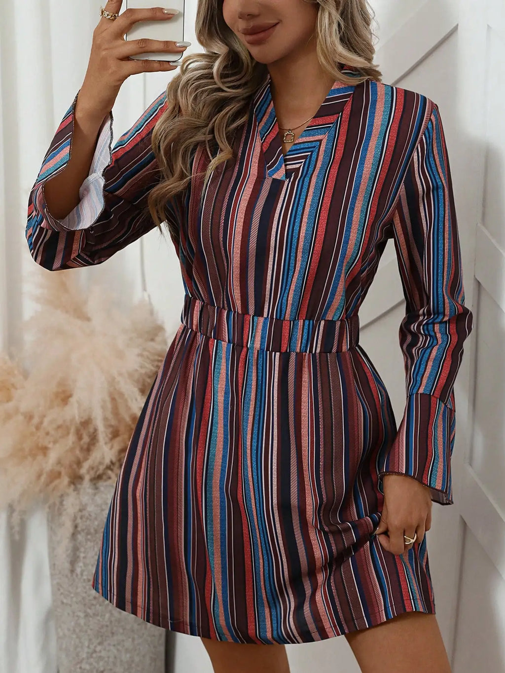 Women's elegant dress, winter dress, striped print, casual, conservative, party-appropriate, belted, button-down, everyday.