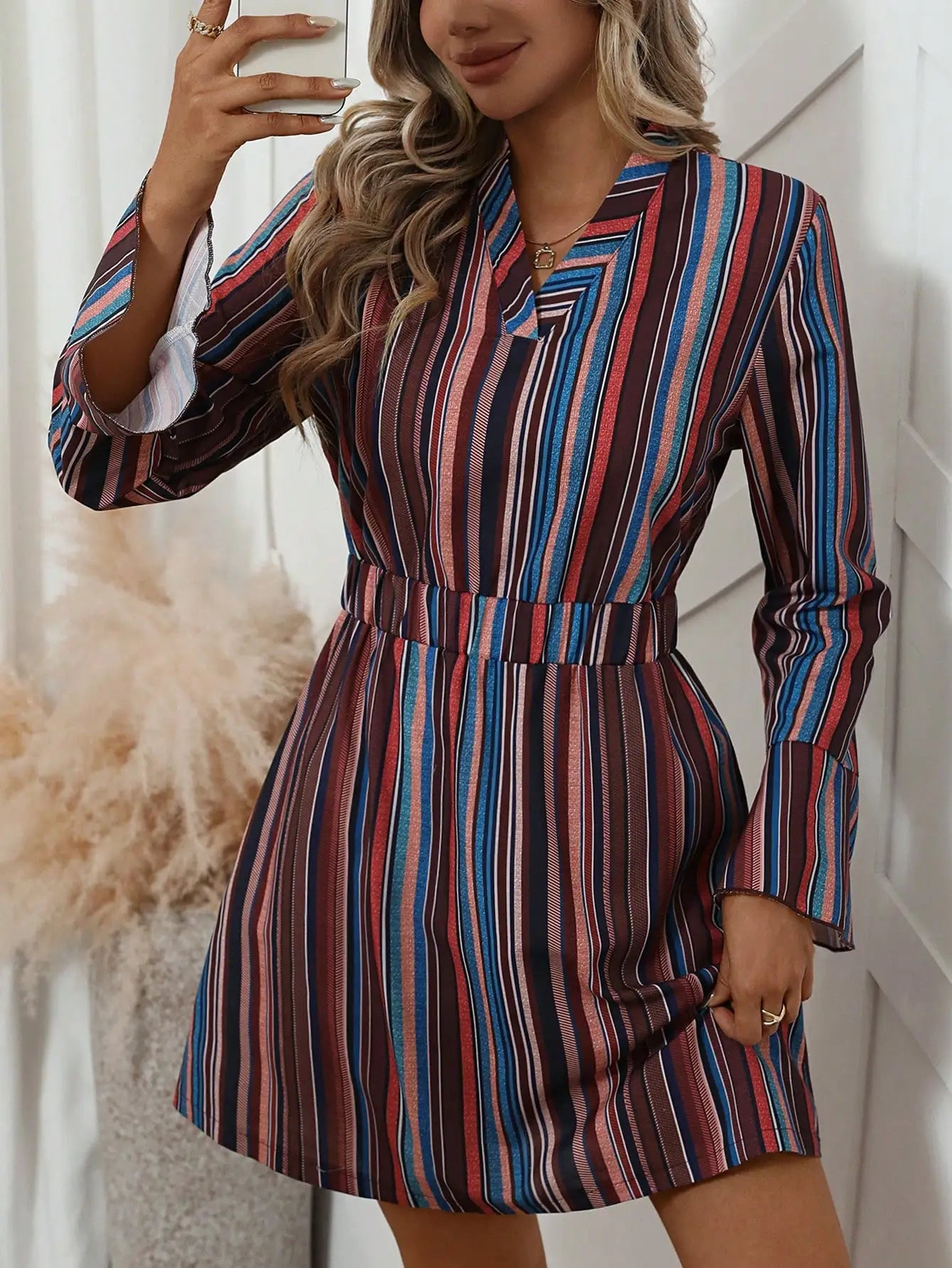 Women's elegant dress, winter dress, striped print, casual, conservative, party-appropriate, belted, button-down, everyday.