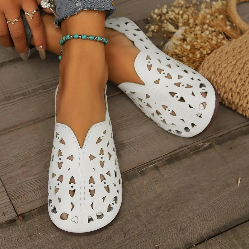 2025 Women Flat Shoes Genuine Leather Woman Pointed Toe Flats Summer Lady Hollow Out Loafers Women Shoes Sandals