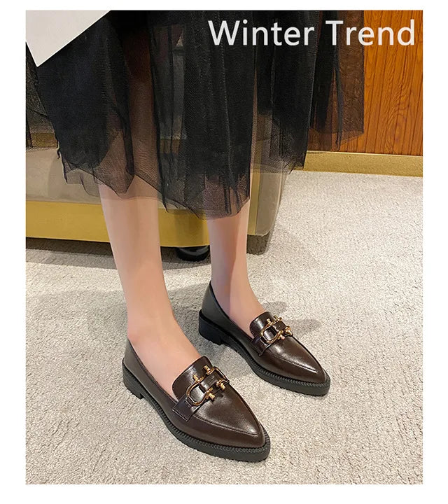 New Women Pointed Toe Leather Casual Shoes British Style Dress Shoes Fashion Cool Slip-on Loafers