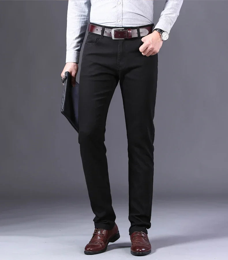 Men's Jeans Pure White Fashion Elastic Slim Youth Slimming Straight Leg Male Pants Business Casual Middle Age High End Trousers