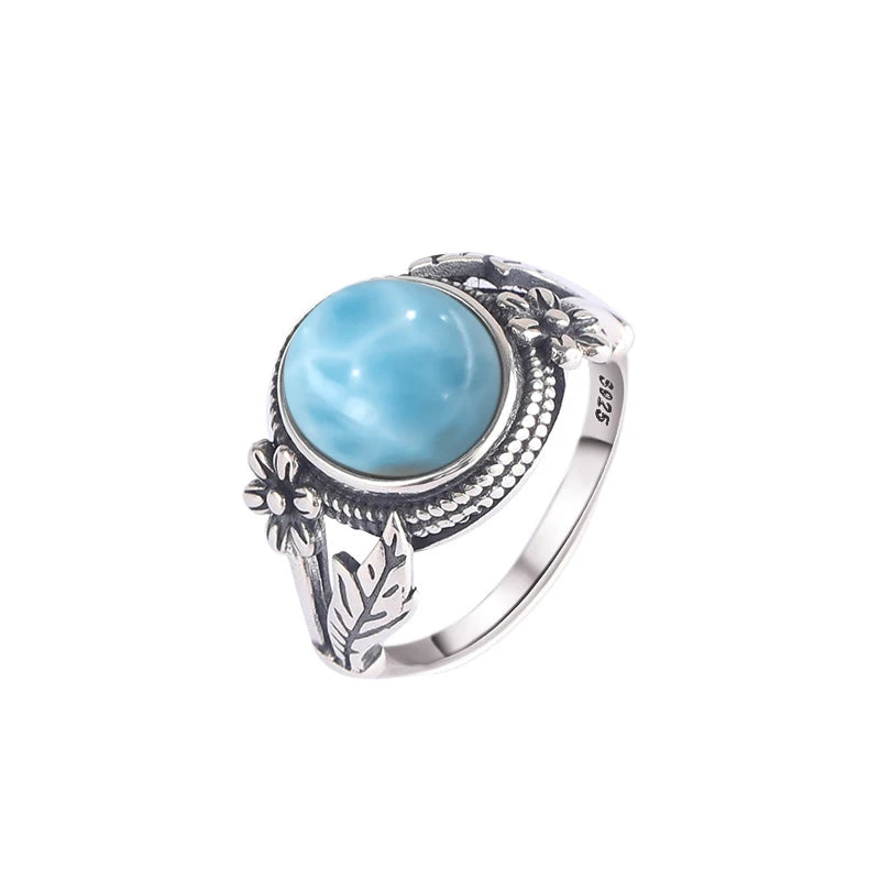 Vintage 925 Silver Ring Natural Larimar Stone Ring Round Flower Shape Sky Blue Summer Ring Fine Jewelry Gift for Men Women