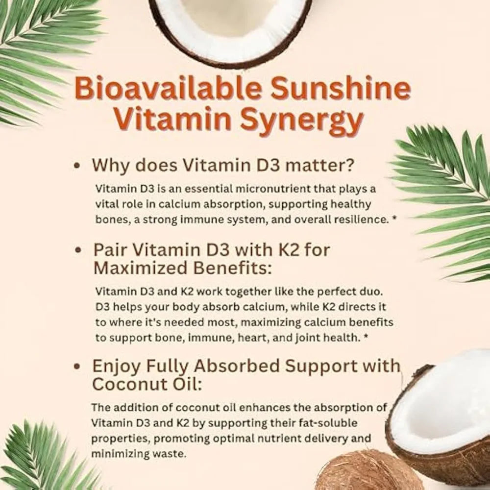Vitamin D3 10,00 IU + K2 MK-7 200 mcg, 300 Softgels with Virgin Coconut Oil 2-in-1 Vitamins D & K Complex | Extra Strength